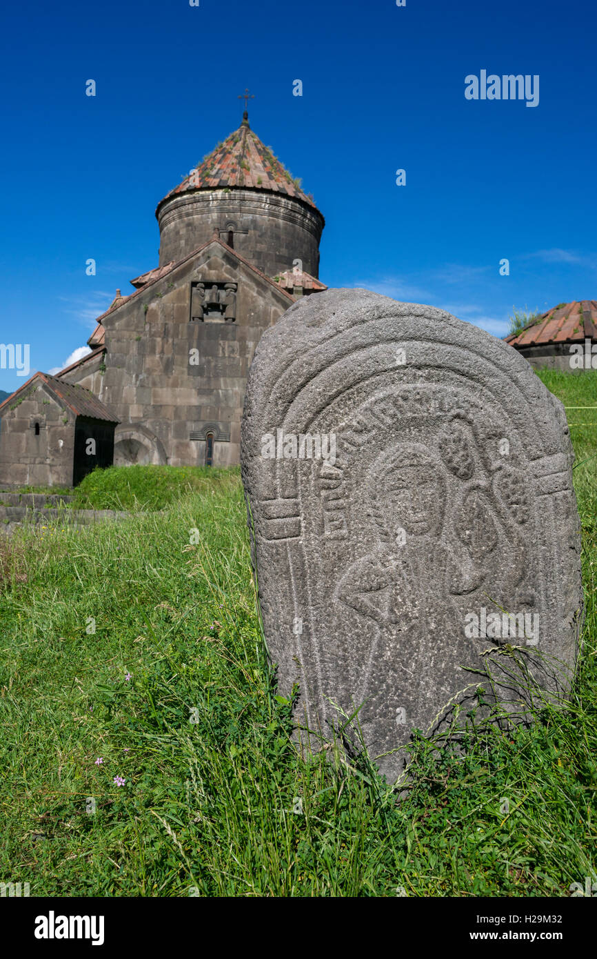 Tombstone with the only known image of Queen Khosrovanuysh, who founded Haghpat monastery in Armenia in 976. Stock Photo