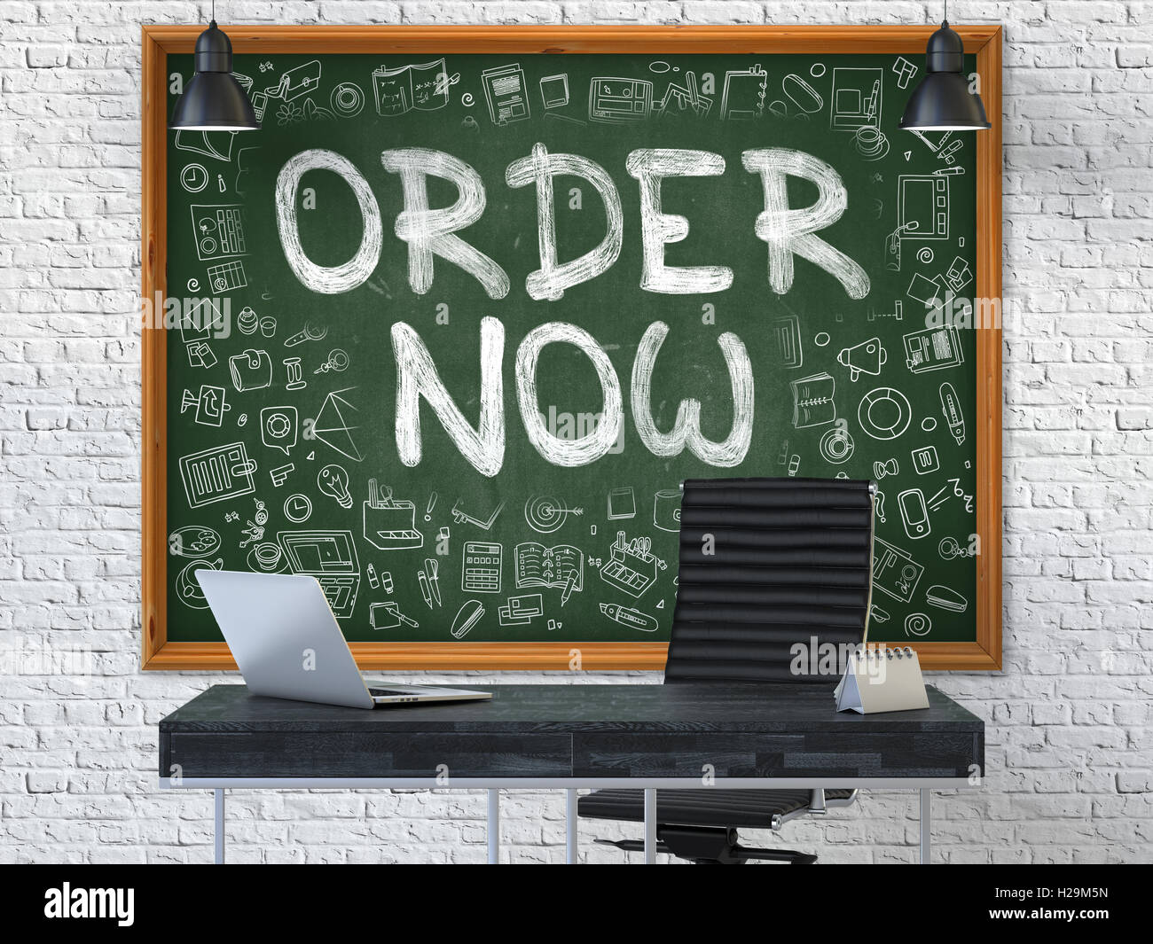 Order Now - Hand Drawn on Green Chalkboard. Stock Photo