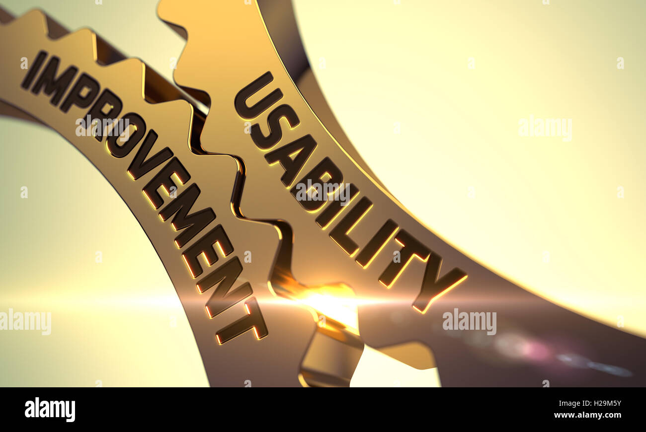 Golden Metallic Gears with Usability Improvement Concept. 3D. Stock Photo