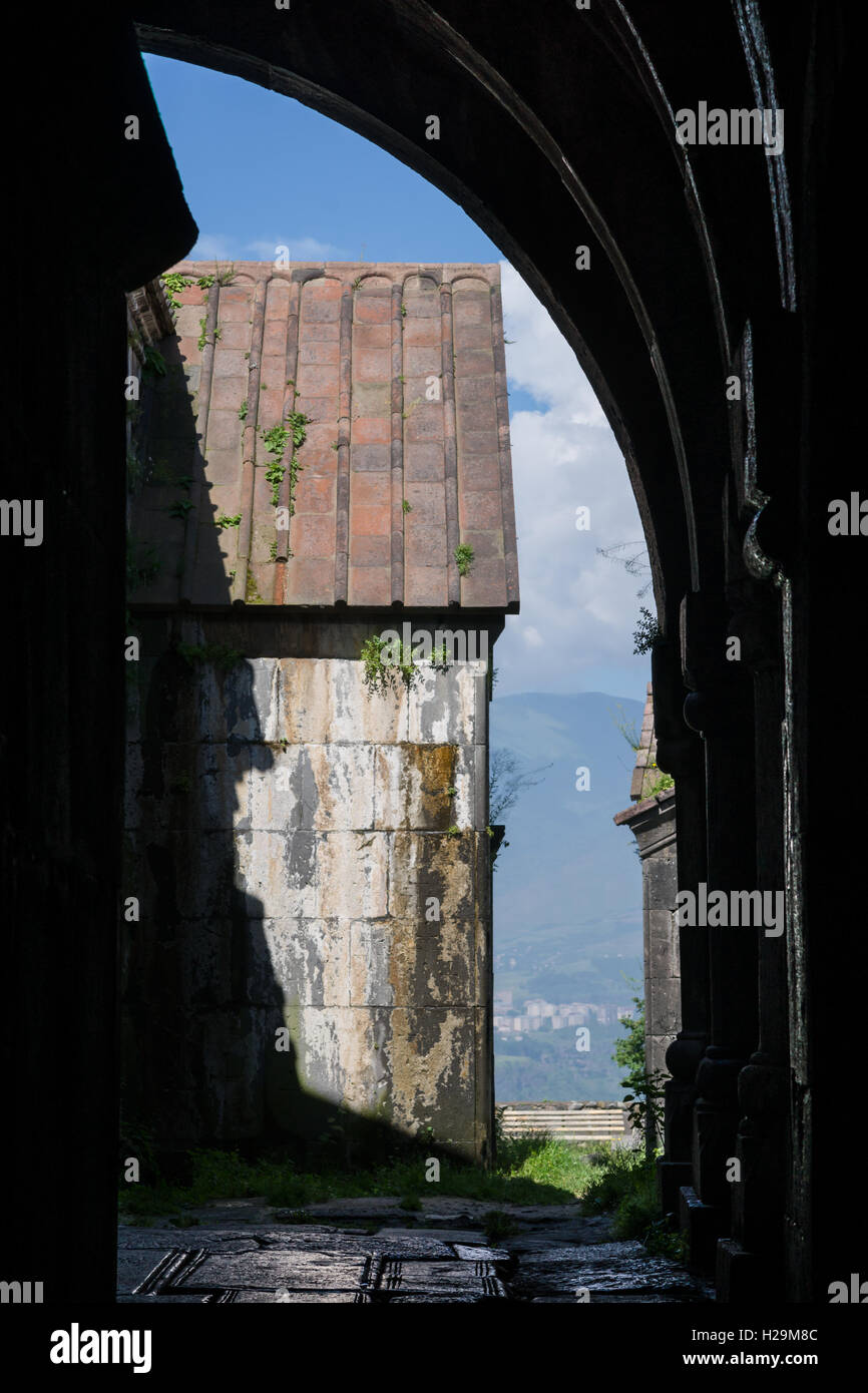 View from vaulted gallery of Haghpat monastery in Armenia Stock Photo
