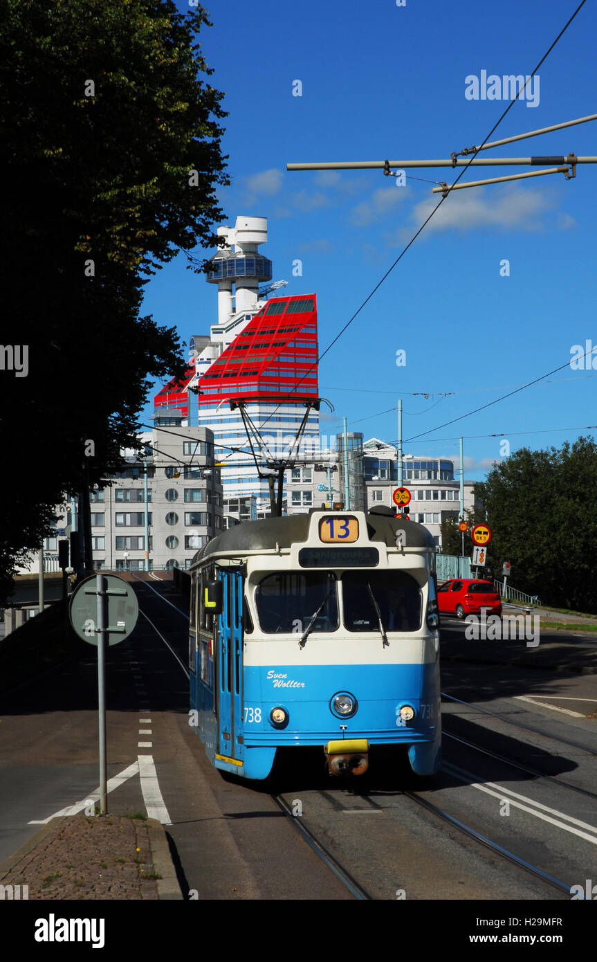 Sweden, Gothenburg, Tram, Bus, Skanskaskrapan office building