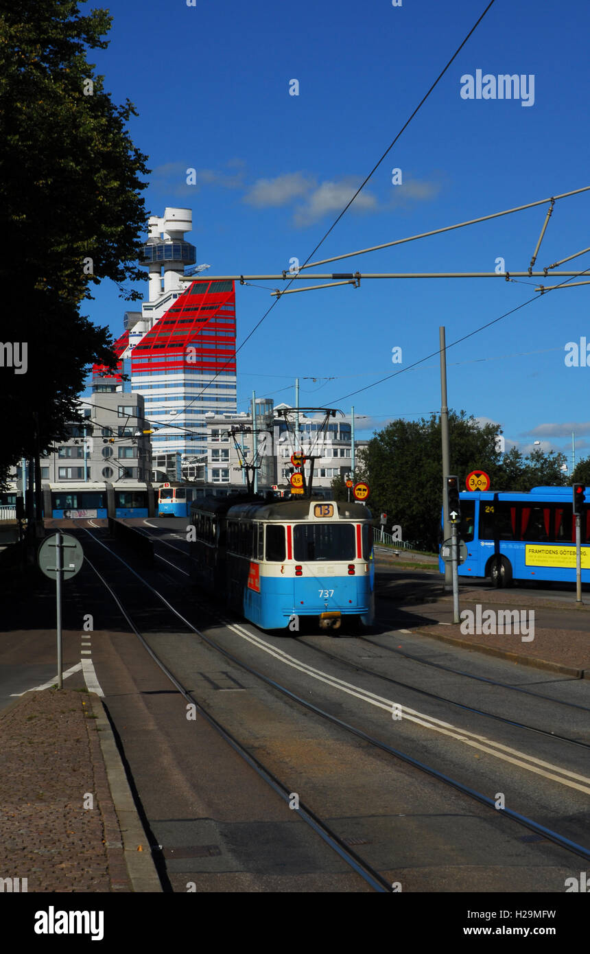 Sweden, Gothenburg, Tram, Bus, Skanskaskrapan office building