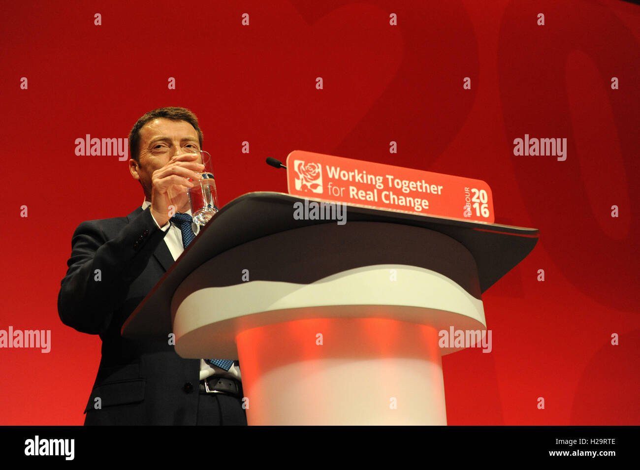 Liverpool, England. 25th September, 2016.  Ian McNicol, general secretary, delivers his report during the first day of the Labour Party annual conference at the ACC Conference Centre. On the morning of the first day of the conference there will be reports from the general secretary, the national policy forum and on digital and party organisation. This conference is following Jeremy CorbynÕs re-election as labour party leader after nine weeks of campaigning against fellow candidate, Owen Smith. This is his second leadership victory in just over twelve months and was initiated by the decision of Stock Photo