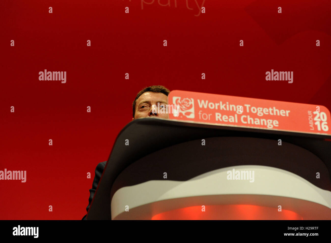 Liverpool, England. 25th September, 2016.  Ian McNicol, general secretary, delivers his report during the first day of the Labour Party annual conference at the ACC Conference Centre. On the morning of the first day of the conference there will be reports from the general secretary, the national policy forum and on digital and party organisation. This conference is following Jeremy CorbynÕs re-election as labour party leader after nine weeks of campaigning against fellow candidate, Owen Smith. This is his second leadership victory in just over twelve months and was initiated by the decision of Stock Photo