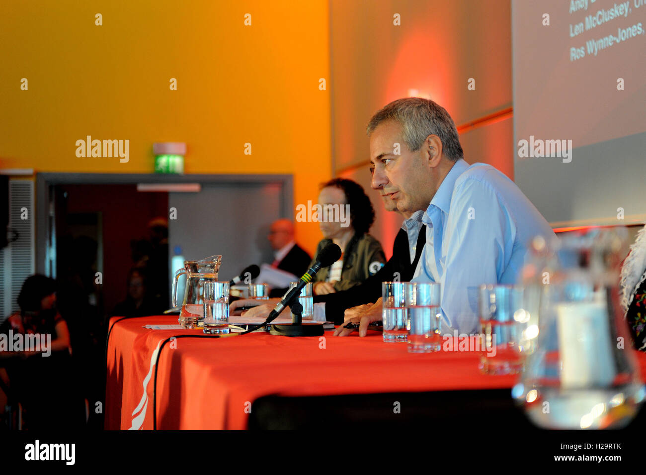Liverpool, England. 25th September, 2016.  Kevin Maguire, associate editor of the Daily Mirror opens the 'Real Britain' fringe meeting organised by the Daily Mirror newspaper and UNITE the union. The meeting was part of the first day of the Labour Party annual conference at the ACC Conference Centre.  This conference is following Jeremy CorbynÕs re-election as labour party leader after nine weeks of campaigning against fellow candidate, Owen Smith. This is his second leadership victory in just over twelve months and was initiated by the decision of Angela Eagle to stand against him. Kevin Haye Stock Photo