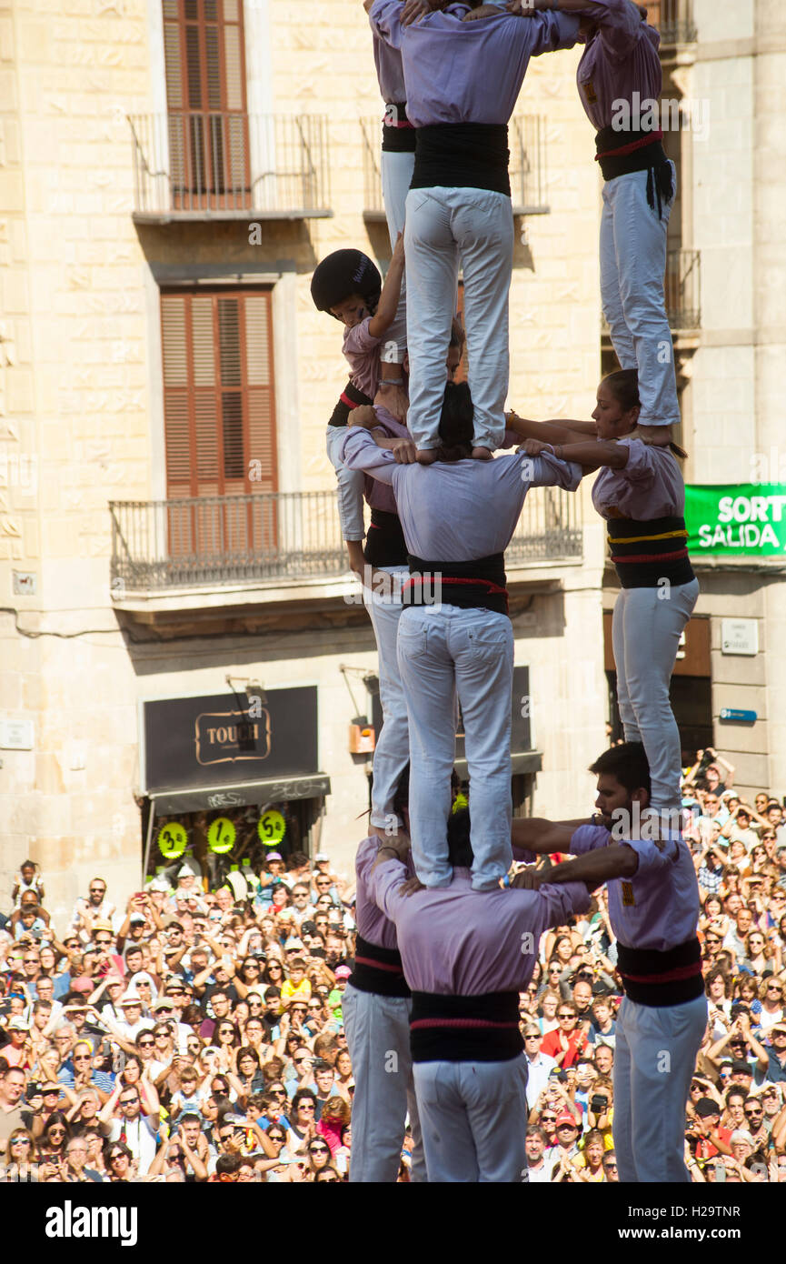 Barcelona, Spain. 26th Sep, 2016. A human tower (castell in catalan) is built in Barcelona for the Merce Festival (Festes de la Merce) has been held the traditional Jornada Castellera (Human Towers Day) in the town hall square of Barcelona. Credit:  Charlie Perez/Alamy Live News Stock Photo