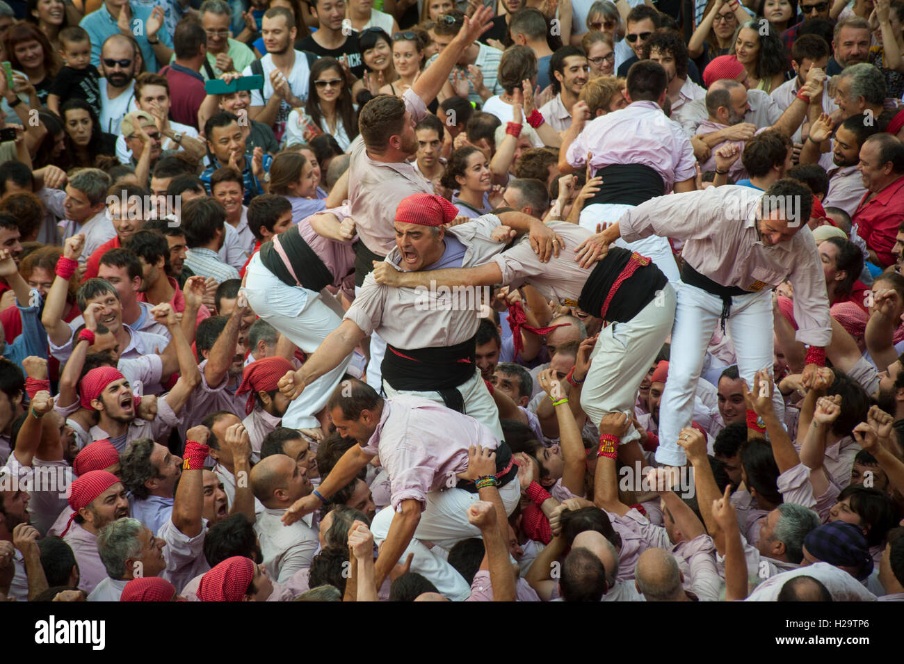 Barcelona, Spain. 26th Sep, 2016. A human tower (castell in catalan) is built in Barcelona for the Merce Festival (Festes de la Merce) has been held the traditional Jornada Castellera (Human Towers Day) in the town hall square of Barcelona. Credit:  Charlie Perez/Alamy Live News Stock Photo