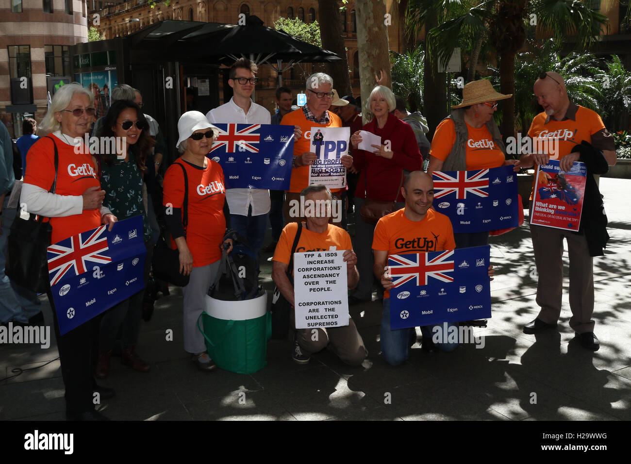 Sydney, Australia. 26 September 2016. Protesters gathered across the road from the hearing of the Parliamentary inquiry into the TPP at 1 Bligh Street, Sydney to rally against the Trans Pacific Partnership. They say the TPP expands corporate power at the expense of access to medicines, workers' rights and the environment. Credit:  Richard Milnes/Alamy Live News Stock Photo