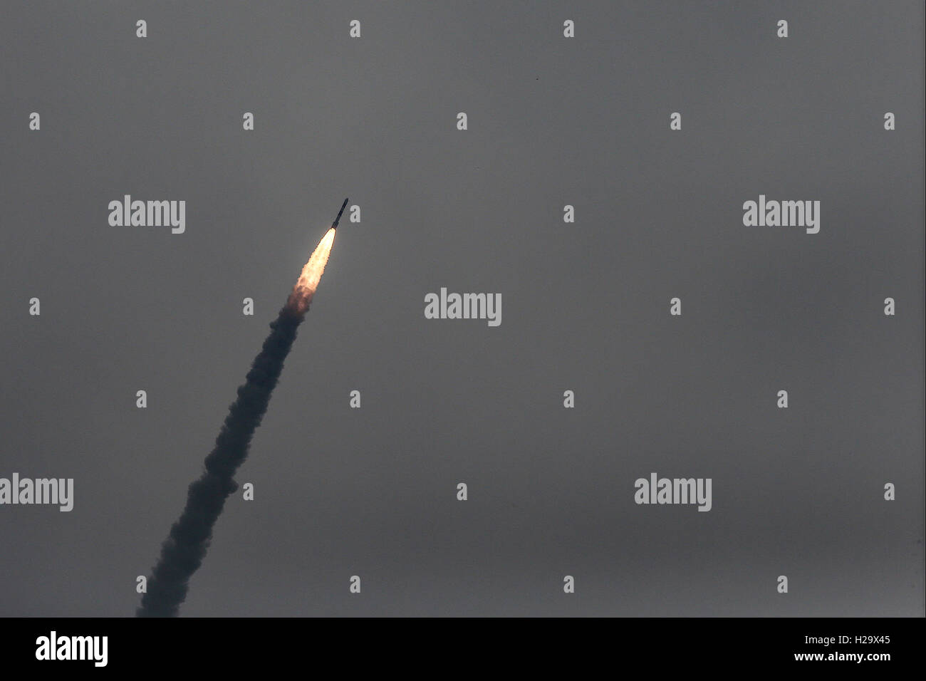 Sriharrikota, India. 26th Sep, 2016. India's Polar Satellite Launch Vehicle in its 37th Flight (PSLV -C35), has been launched from Satish Dhawan Space Centre, SHAR, Sriharikota, Andrapradesh. INDIA. The 371 kg SCATSAT-1, is for weather related studies and seven co-passenger satellites are from Algeria, Canada & the USA as well as two satellites from Indian University/Academic Institute. The total weight if all satellites is about 675 kgs. Credit:  SUKUMAR S/Alamy Live News Stock Photo