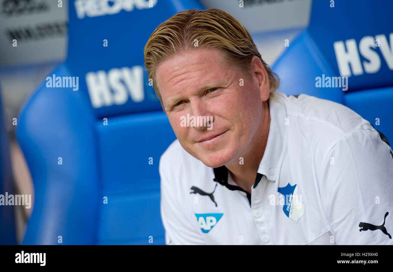 FILE - A file picture dates 17 August 2013 shows Hoffenheim's coach Markus Gisdol sitting on the bench ahead of the German Bundesliga soccer match between Hamburger SV and TSG Hoffenheim in the Imtech Arena in Hamburg, Germany. Photo: SVEN HOPPE/dpa Stock Photo