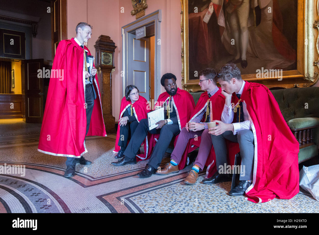 London, UK. 25th Sep, 2016. Young Freemen  and women of the City of London relax at Fishmongers Hall after helping organise a charity event in which Freemen of the City exercise their ancient right to drive sheep across London Bridge Sheep Drive Credit:  On Sight Photographic/Alamy Live News Stock Photo