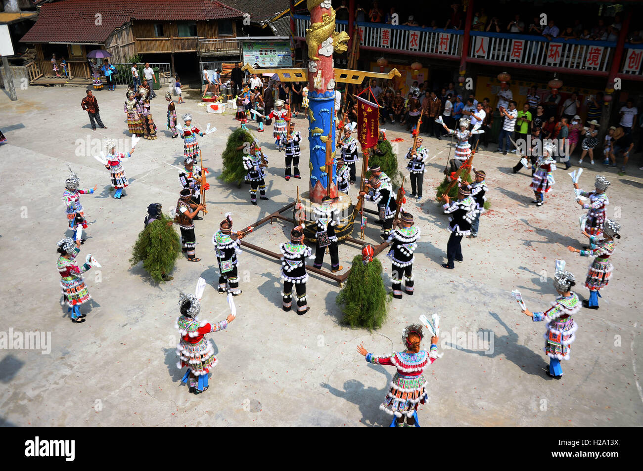 Nanning, China's Guangxi Zhuang Autonomous Region. 24th Sep, 2016. Villagers attend a competition of traditional music instrument 'Lusheng' during a local festival in Wuji Village under Anchui Township of Miao Autonomous County of Rongshui, south China's Guangxi Zhuang Autonomous Region, Sept. 24, 2016. Activities including catching fish, fishing feast and dancing will be held during the festival. © Ren Pengfei/Xinhua/Alamy Live News Stock Photo