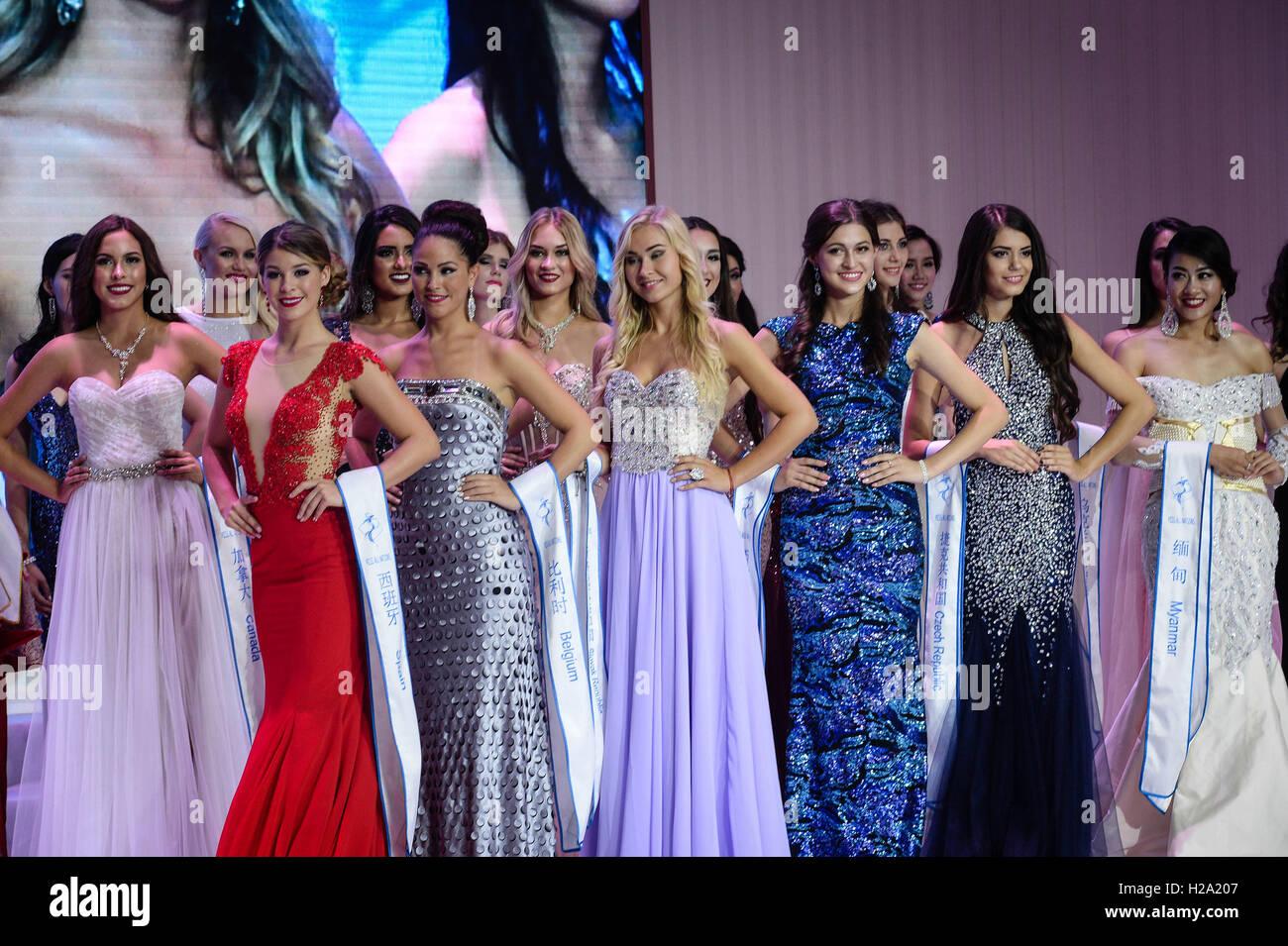 Nanjing, China's Jiangsu Province. 26th Sep, 2016. Contestants present themselves at 2016 the 51th Miss All Nations World Final Contest in Nanjing, capital of east China's Jiangsu Province, Sept. 26, 2016. Miss Latovia won the global champion while Miss Australia and Miss Brazil made the runner-up and 2nd runner-up of Miss All Nations World Final Contest attracting participants from over 50 countries. Credit:  Ji Chunpeng/Xinhua/Alamy Live News Stock Photo