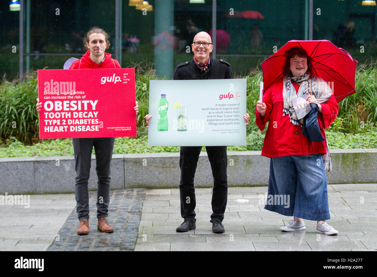 Liverpool, Merseyside, UK.  26th September, 2016. Anti-Obesity campaigners outside the Labour Conference Arena. Campaigners likened the strategy to the responsibility deal brought in by Labour and continued throughout David Cameron’s premiership, which was condemned by some as a failure. Food and drink companies are being encouraged to pledge to make their food healthier by cutting salt, fat and sugar, but anti-obesity warnings in schools could be helping trigger anorexia and eating disorders among teenage girls. Credit:  Cernan Elias/Alamy Live News Stock Photo