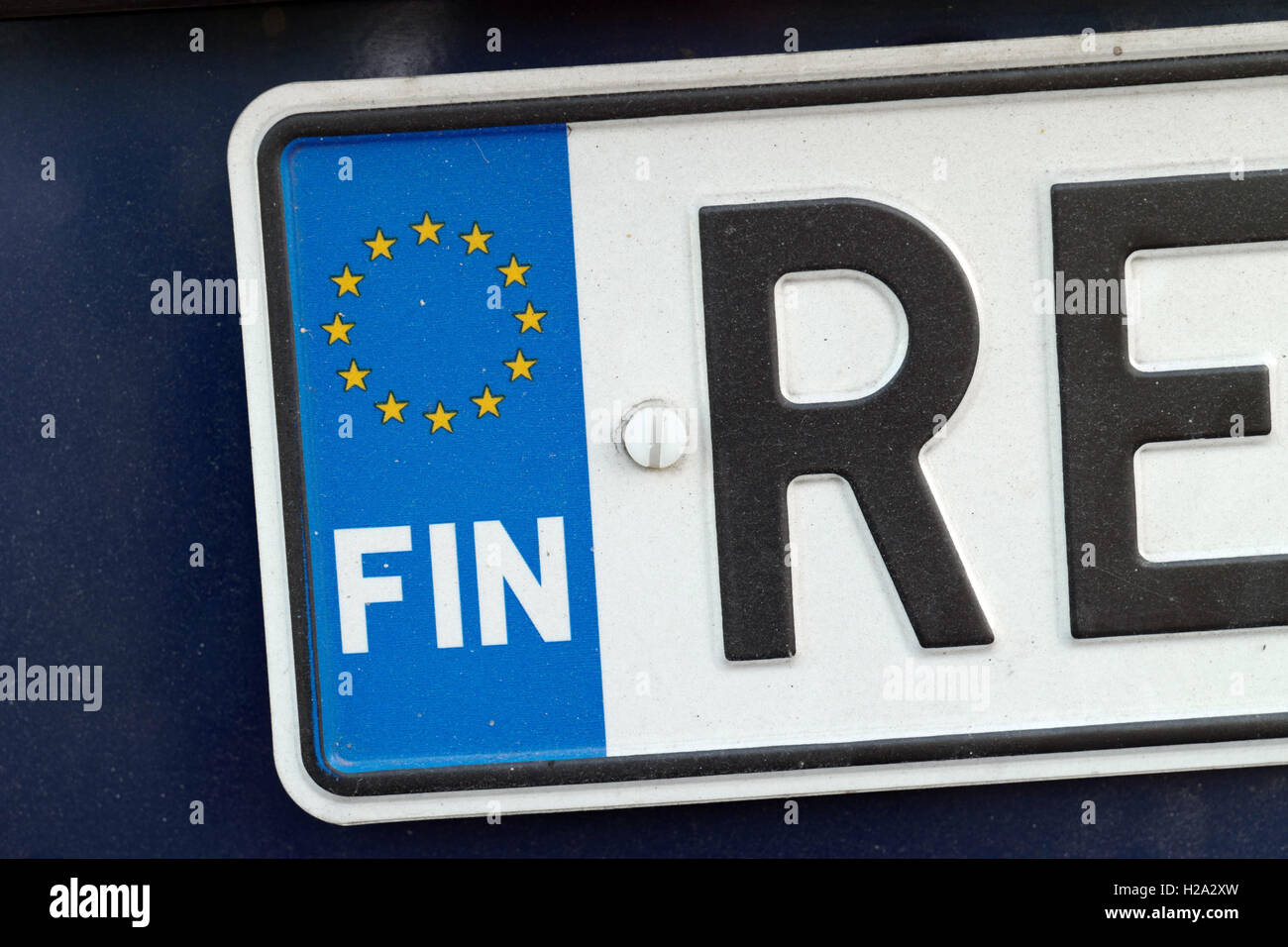 A license plate with the EU flag and country abbreviation of FIN as
