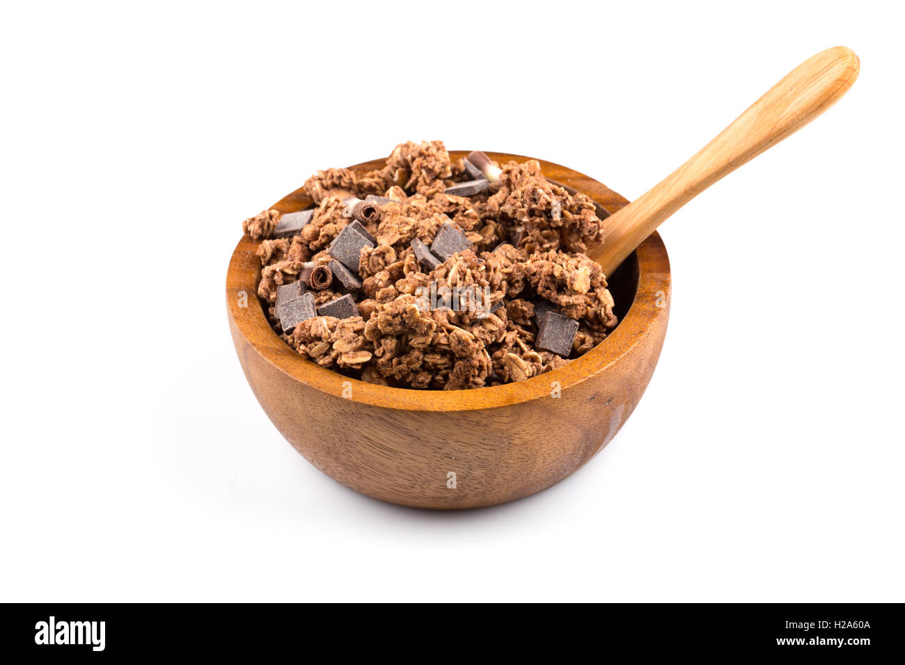 Close up of chocolate muesli with pieces of chocolate in a bowl on
