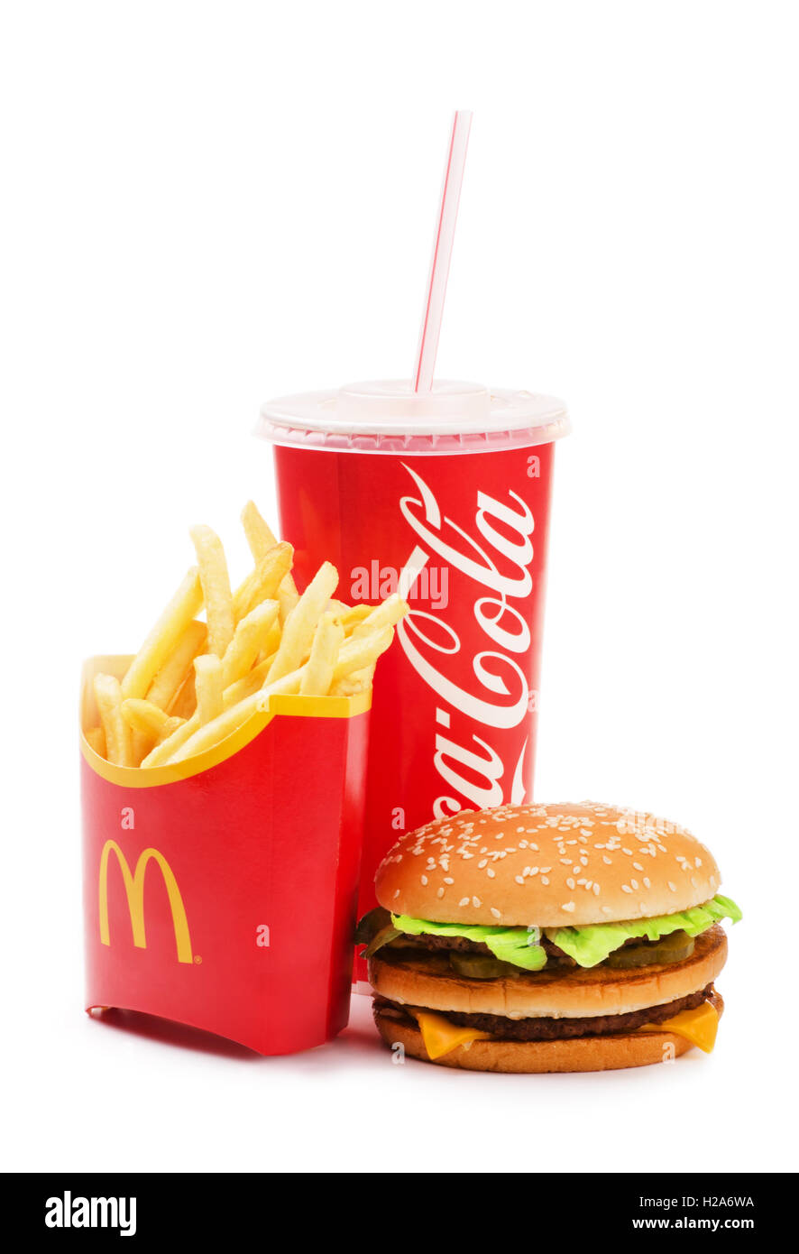 SAMARA, RUSSIA - January 6, 2016: McDonald's food isolated includes Big Mac, French Fries and Coca Cola drink. McDonald's Corpor Stock Photo