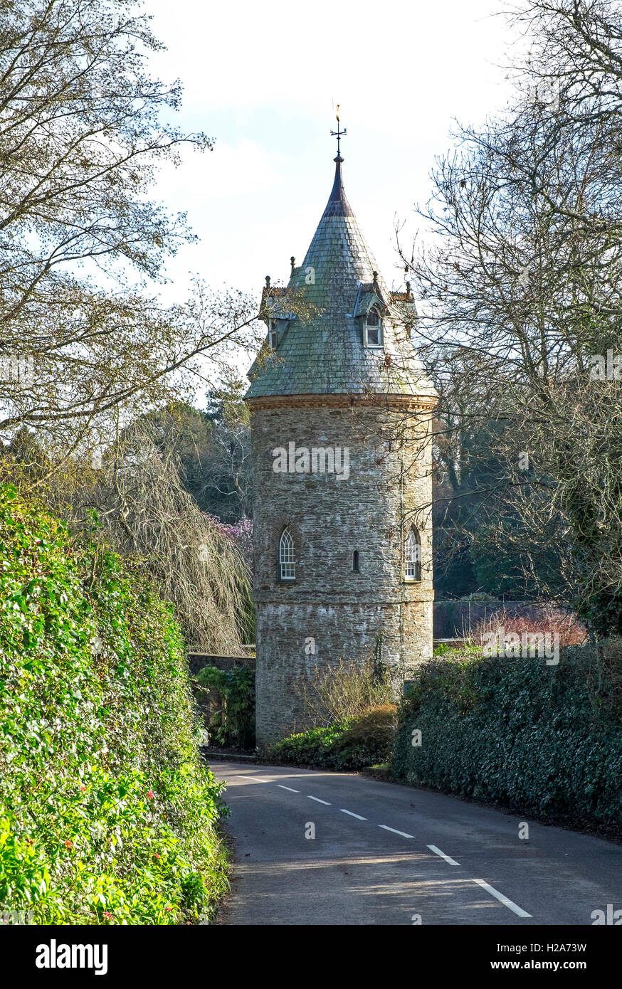 The old water tower at trelissick in cornwall, uk, this image was taken from the public highway outside of the property. Stock Photo