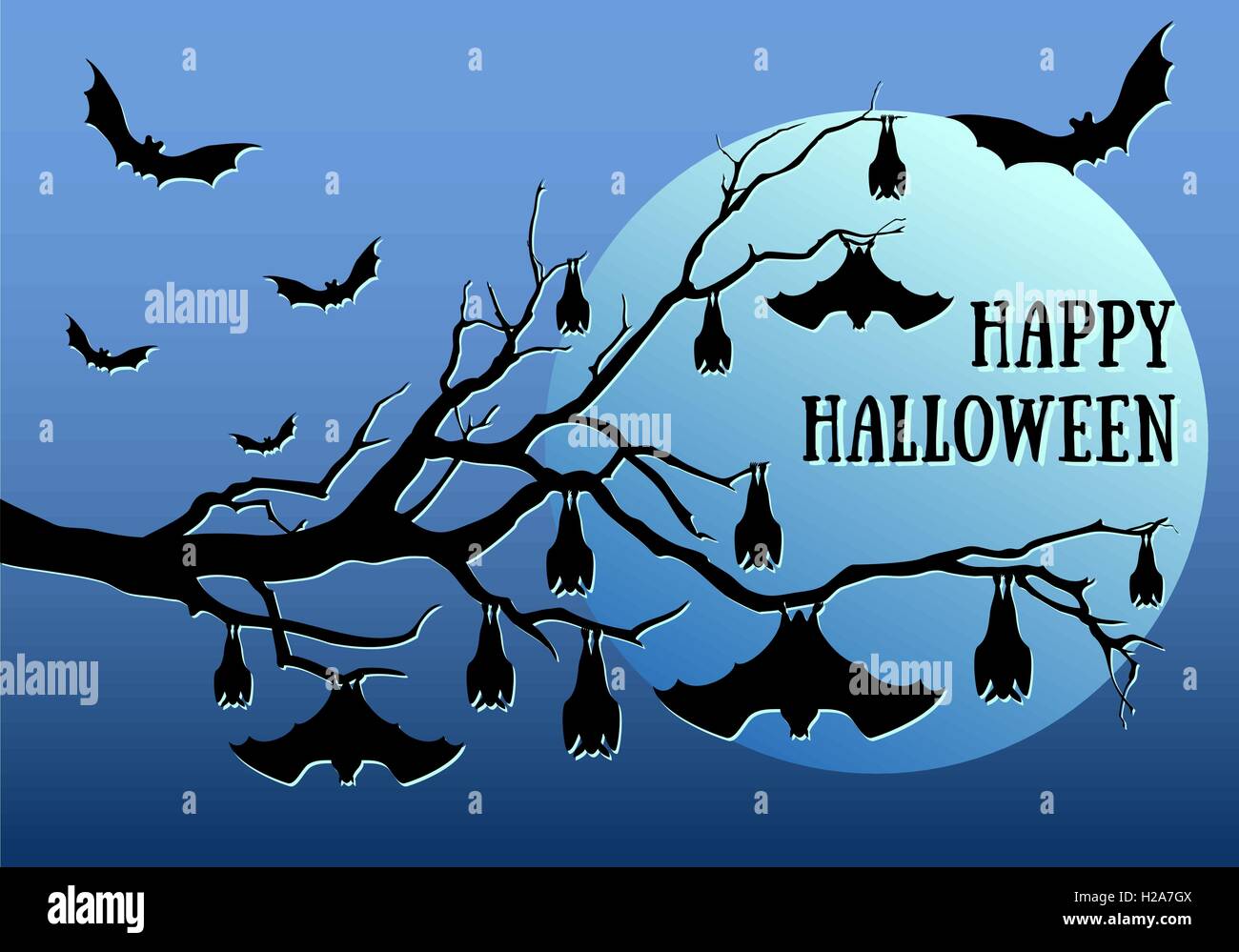 Halloween tree with hanging bats, vector background illustration Stock Vector