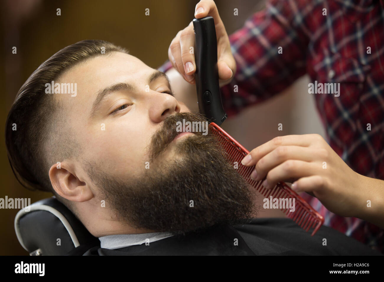 Close-up portrait of handsome young bearded caucasian man getting trendy beard haircut in modern barber shop. Hairstylist girl w Stock Photo