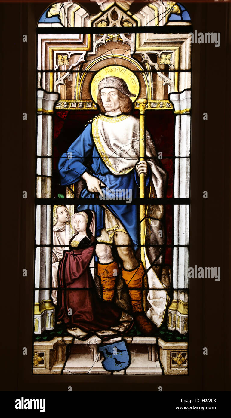 Late Medieval stained Glass. Possibly Cologne, Germany. 1510.  Saint Roch with the van Merle Family Arms  and a Donor. Stock Photo