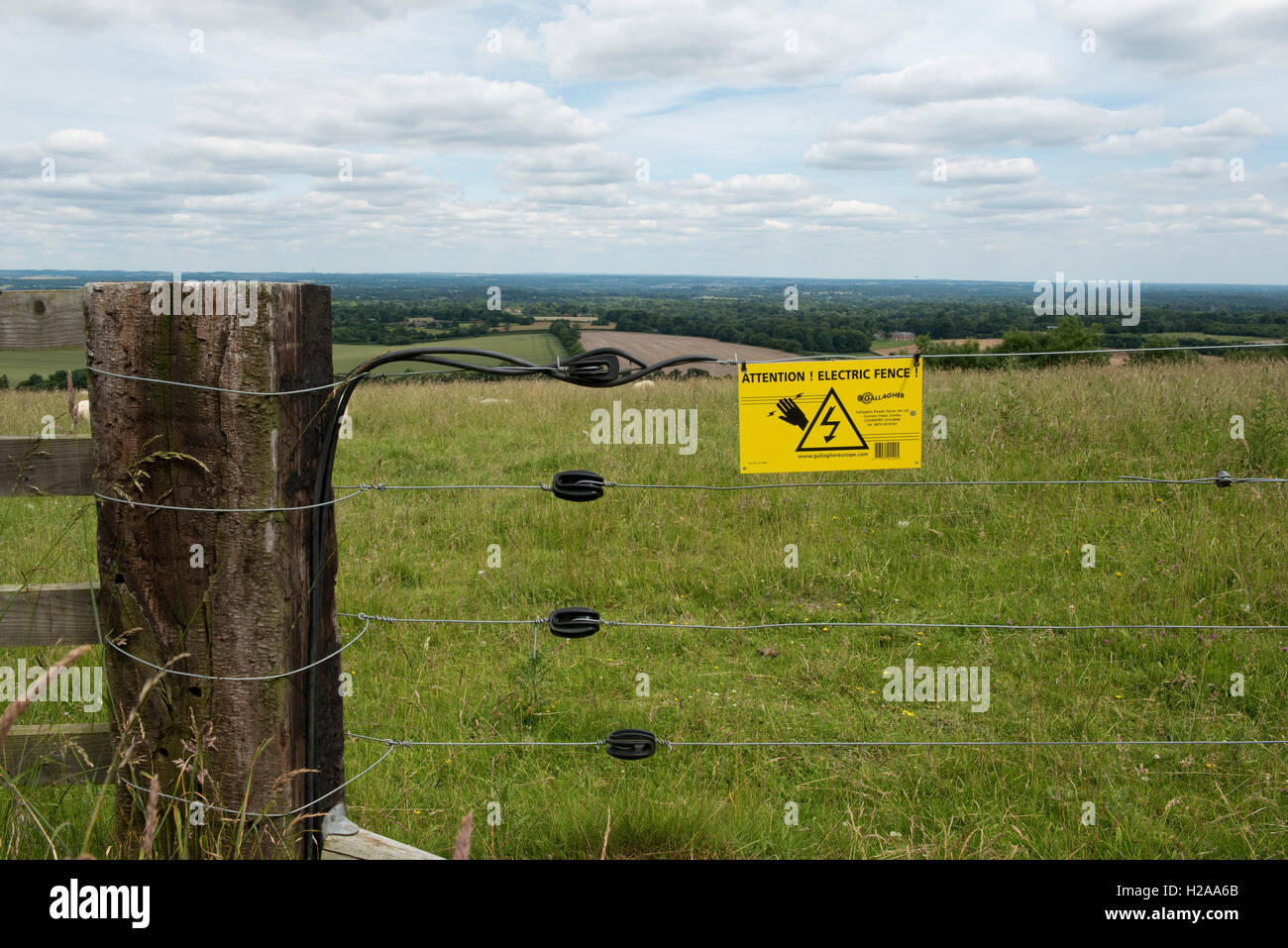 Large post with strung electric fence, insulators and warning sign for a shhep field on the Berkshire downs, July Stock Photo