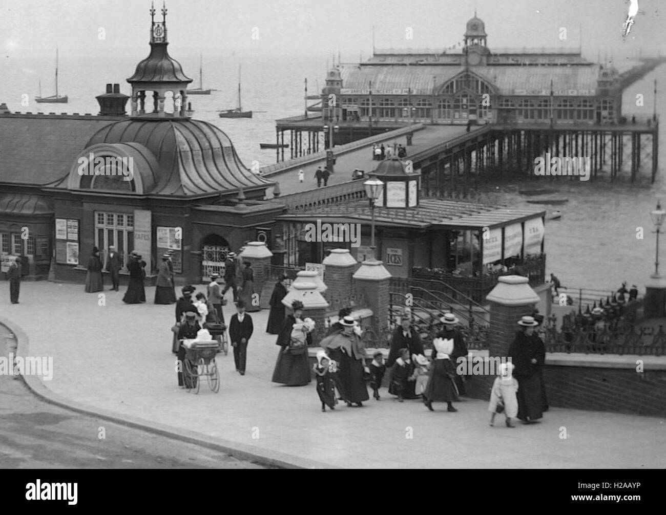 The scene at the entrance to Southend Pier circa 1890. From the Original Glass Negative. Photo by Tony Henshaw Stock Photo