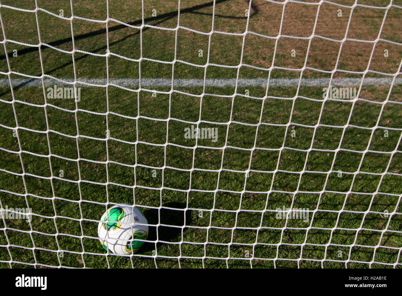 Generic Soccer showing football in goal with net at La Manga Club, Los Belones, Spain February 2014.    Photo by Tony Henshaw Stock Photo