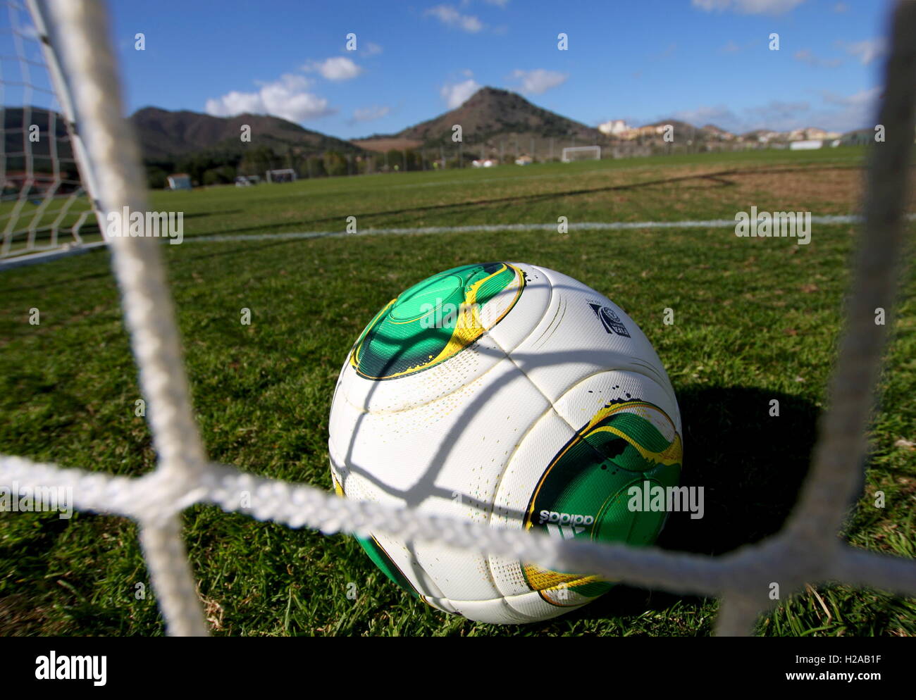 Generic Soccer showing a football in goal at La Manga Club, Los Belones, Spain February 2014.    Photo by Tony Henshaw Stock Photo