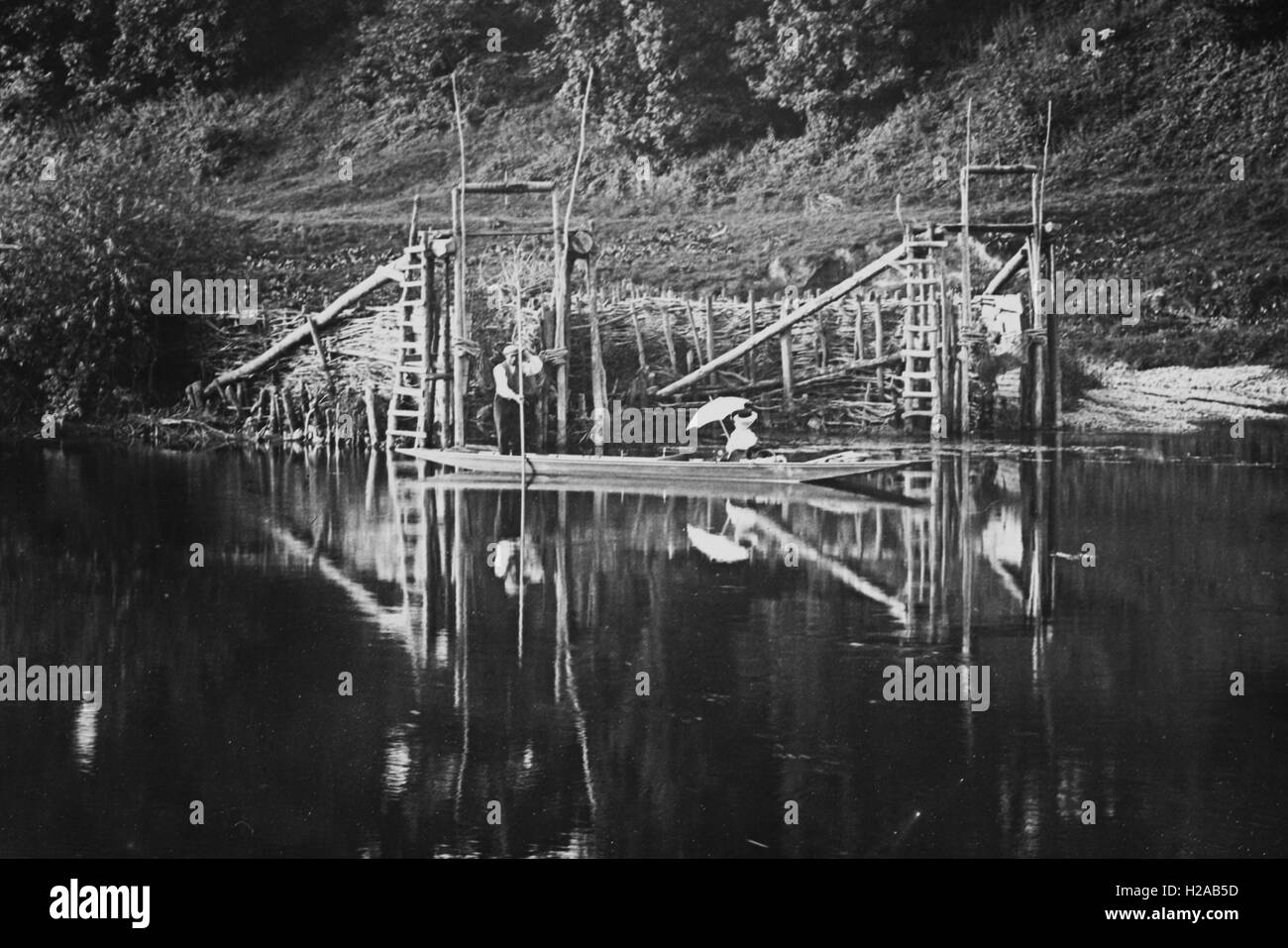 An eel trap on a river in the UK c 1900. Photo by Tony Henshaw Stock Photo Alamy