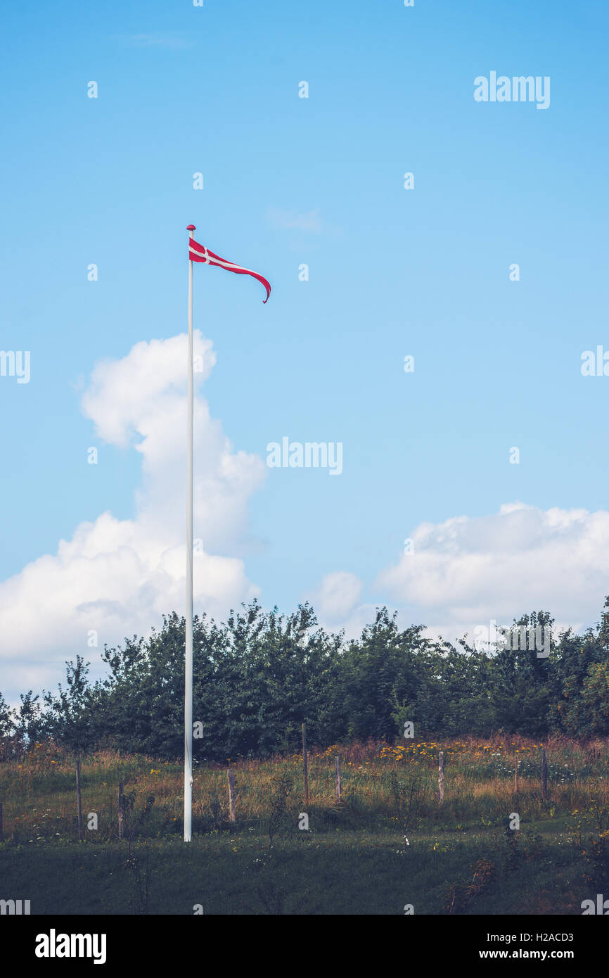 Pennant in danish colors on a lawn in a backyard Stock Photo