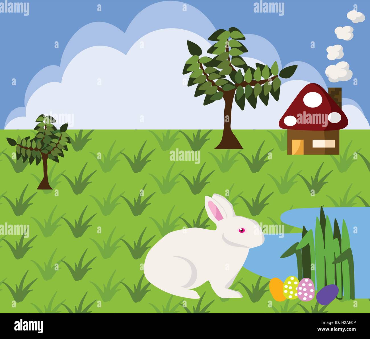 White rabbit finding Easter egg Stock Vector