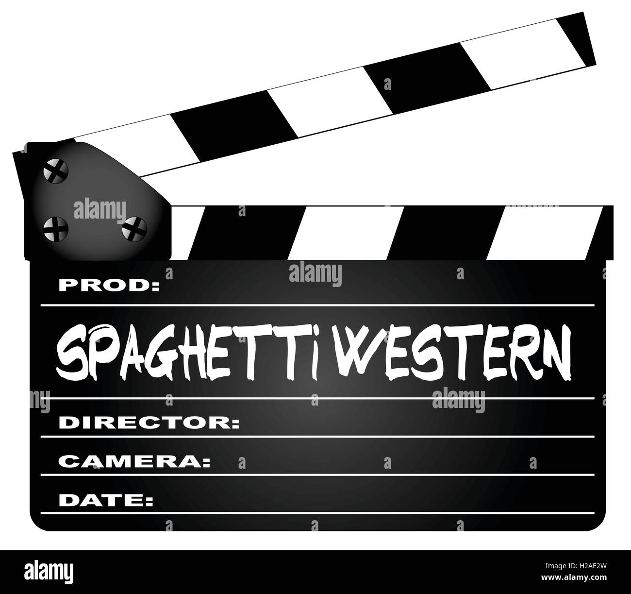 A typical movie clapperboard with the legend spaghetti western Movies isolated on white. Stock Vector