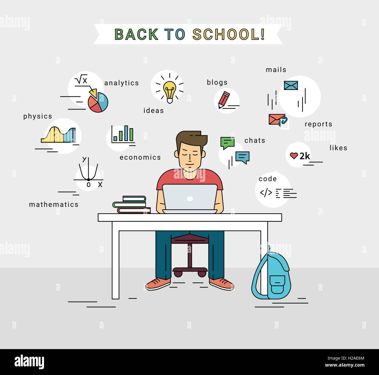 E-learning and back to school illustration of young guy using laptop ...