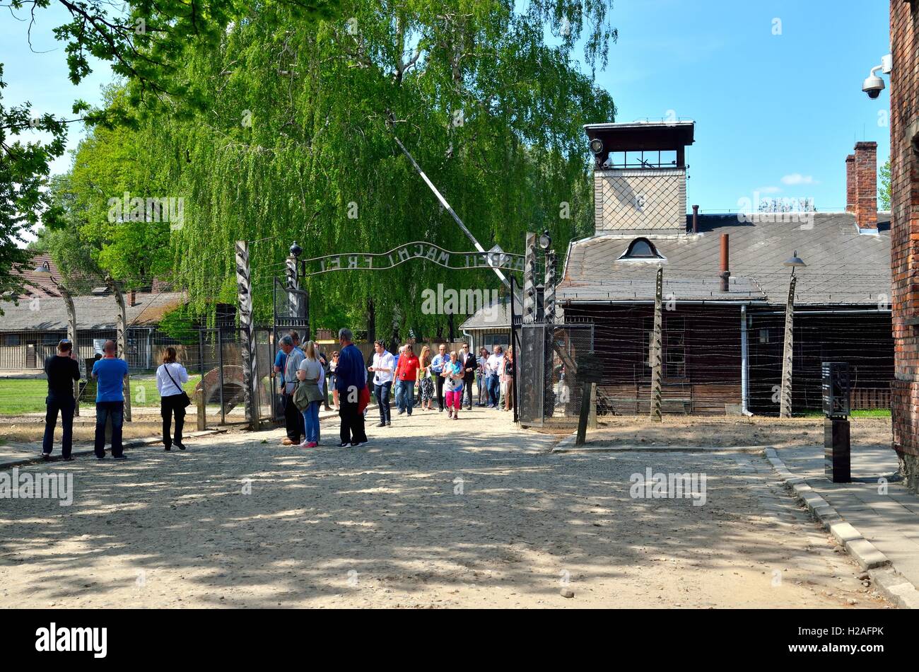 Gate entrance to concentration camp Auschwitz with a sign Arbeit Macht Frei in Oswiecim, Poland. Stock Photo