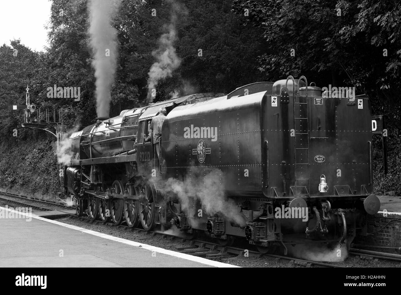 Vintage Standard Class 9F steam train in monochrome. Train under full steam with the engineers in shot with backs to the camera. Stock Photo