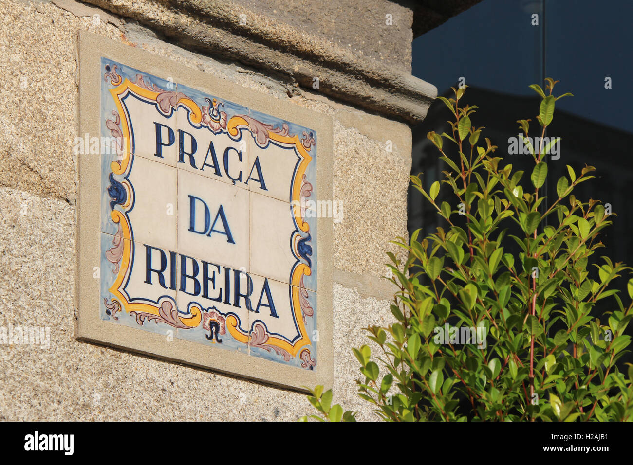 Ceramic tiles on a wall at the Ribeira square in porto (Portugal). Stock Photo