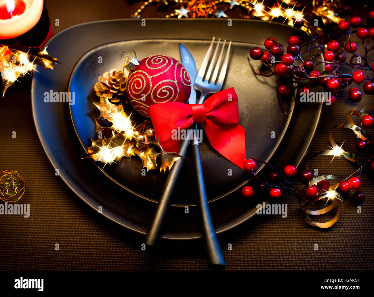 Christmas and New Year Holiday Table Setting. Celebration Stock Photo