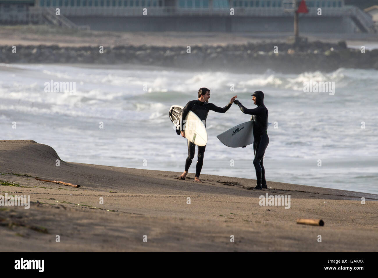 Two surfers congratulate each other after their successful rides in the Pacific Ocean of northern California near Moss Landing. Stock Photo