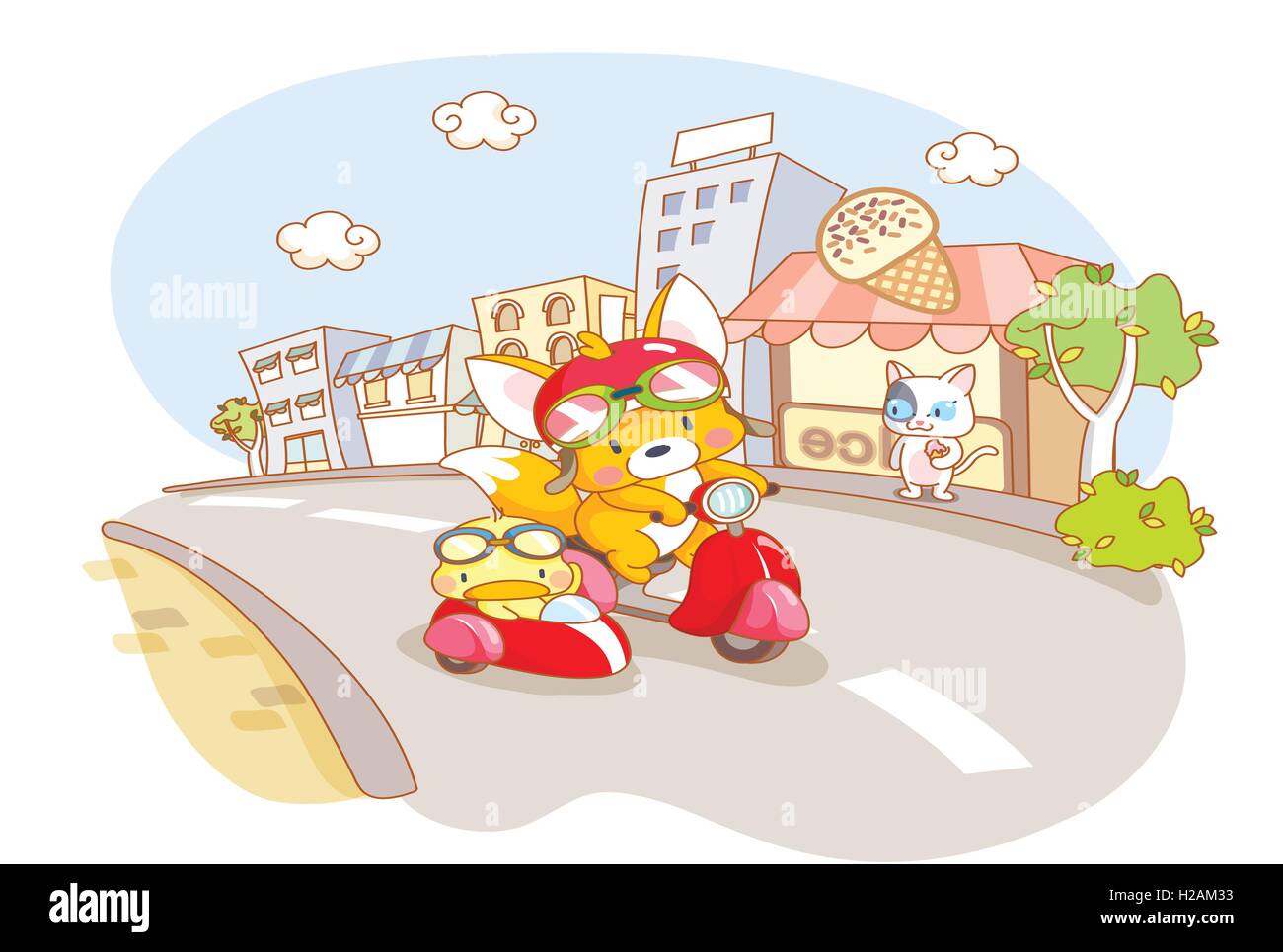 cartoon animals riding motorcycle Stock Photo