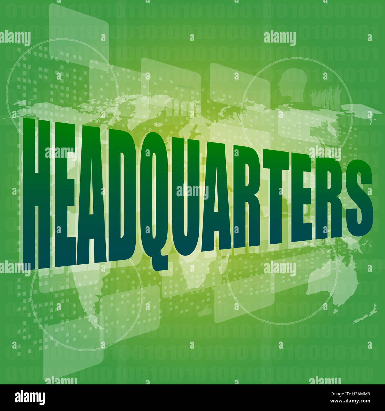 headquarters words on digital screen background with world map Stock