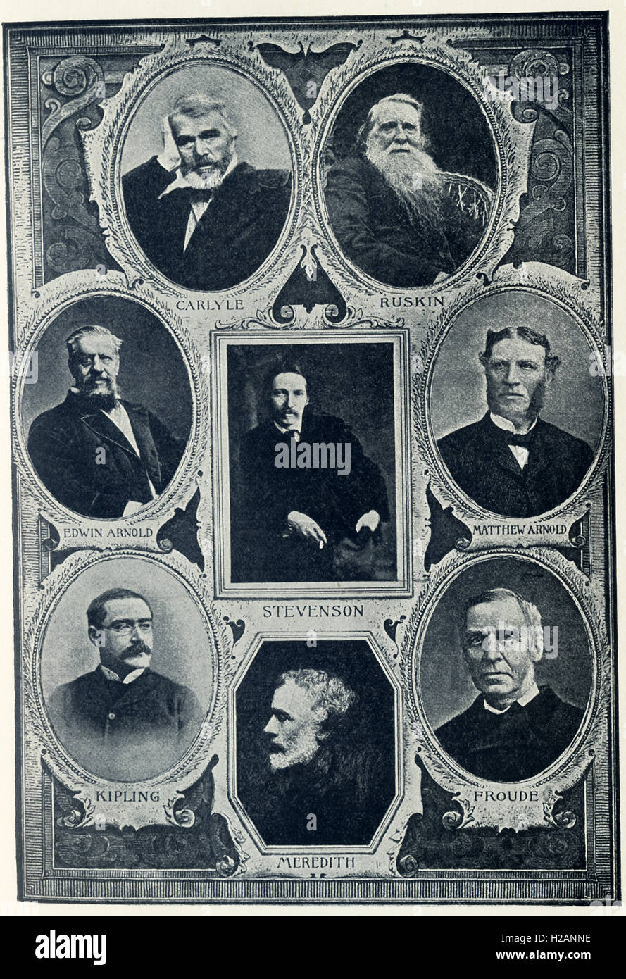 The English authors pictured here are, from left to right, top to bottom: Thomas Carlyle (1795-1881), John Ruskin (1819-1900), Edwin Arnold (1832-1904), Robert Louis Stevenson (1850-1894), Matthew Arnold (1822-1888), Rudyard Kipling (1865-1936), George Meredith (1828-1909), and James Anthony Froude (1818-1894). Stock Photo