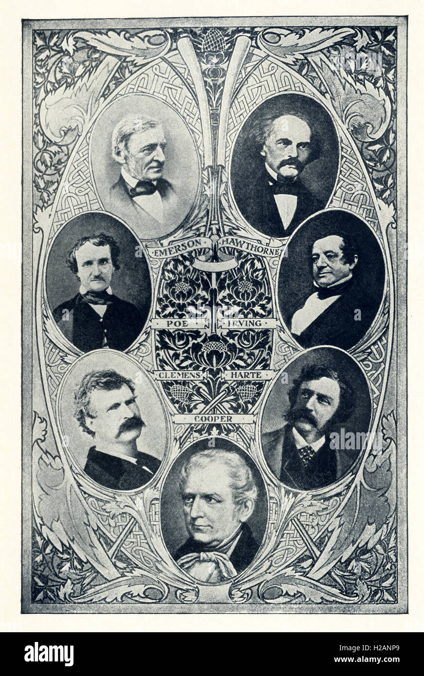 The American authors pictured here are, from left to right, top to bottom: Ralph Waldo Emerson (1803-1882), Nathaniel Hawthorne (1804-1864) , Edgar Allan Poe (1809-1849), Washington Irving (1783-1859), Samuel Langhorne Clemens (Mark Twain) (1835-1910), Bret Harte (1836-1902), and James Fenimore Cooper (1789-1851). Stock Photo