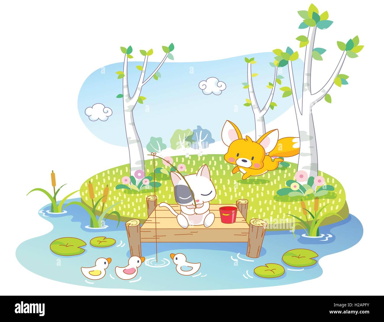 cartoon cat fishing in the river Stock Photo