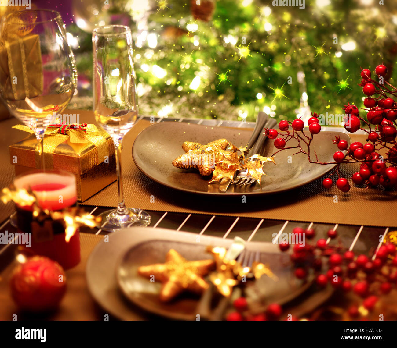 Christmas And New Year Holiday Table Setting. Celebration Stock Photo