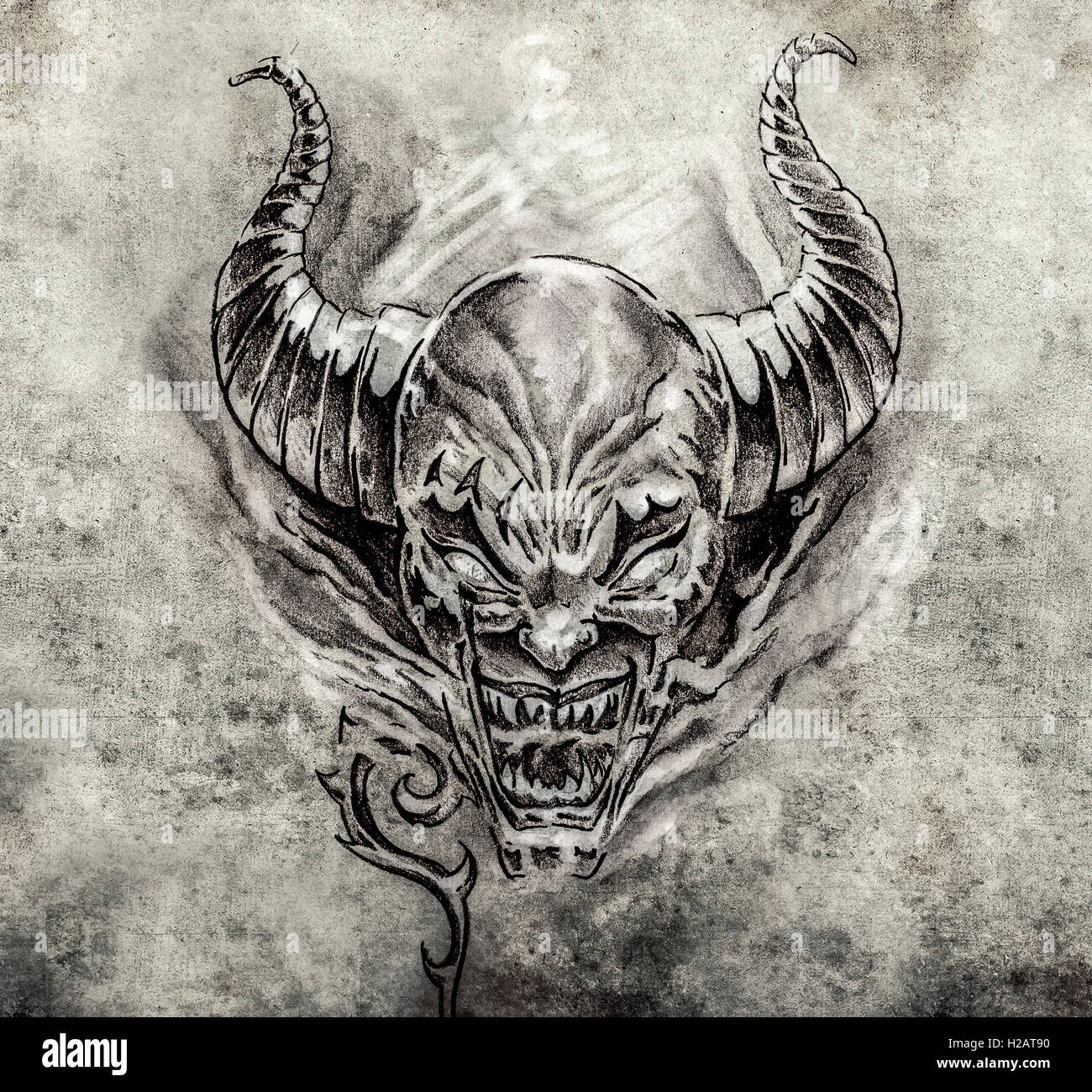 Tattoo art, sketch of a devil with big horns Stock Photo - Alamy