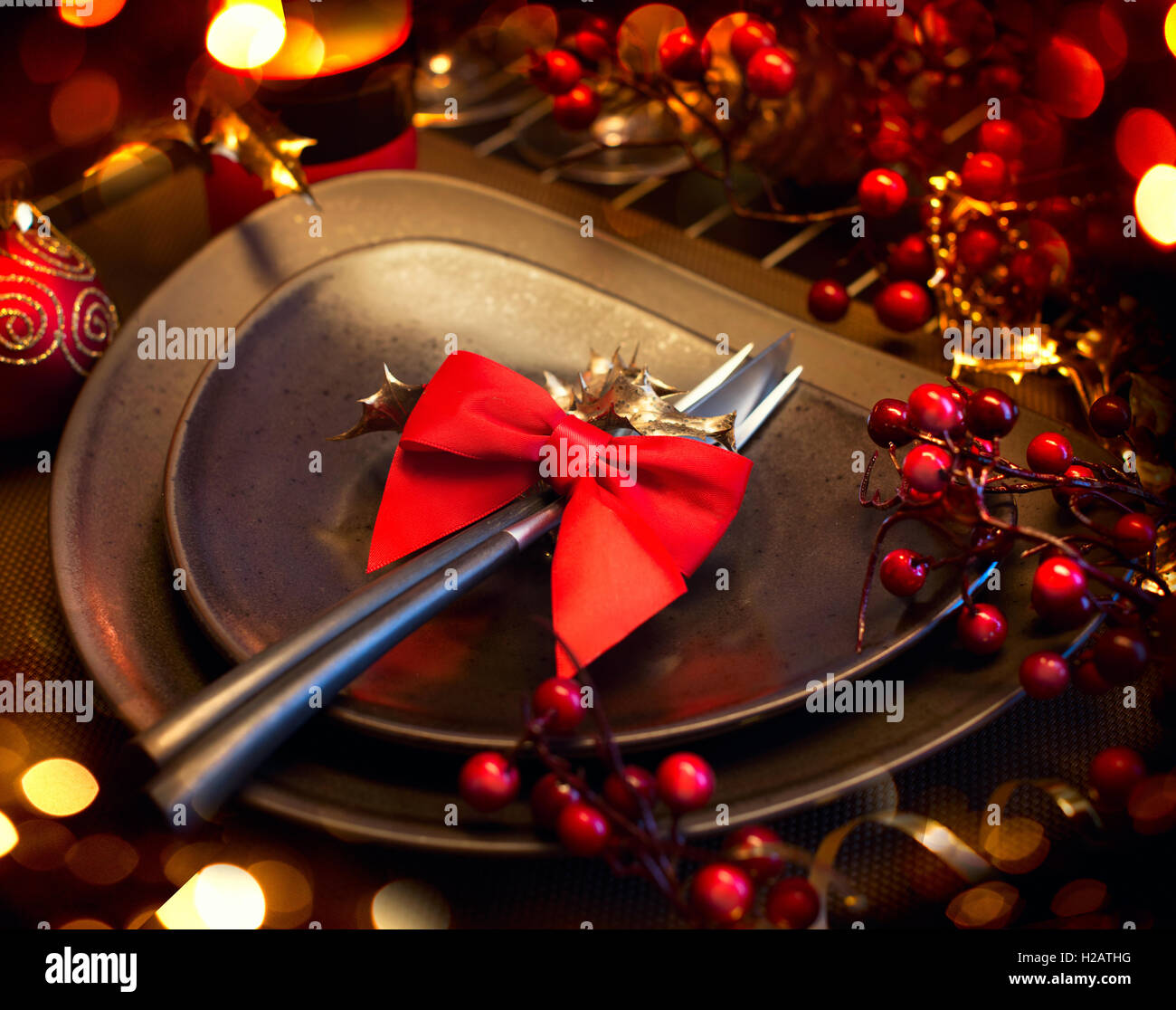 Christmas and New Year Holiday Table Setting. Celebration Stock Photo