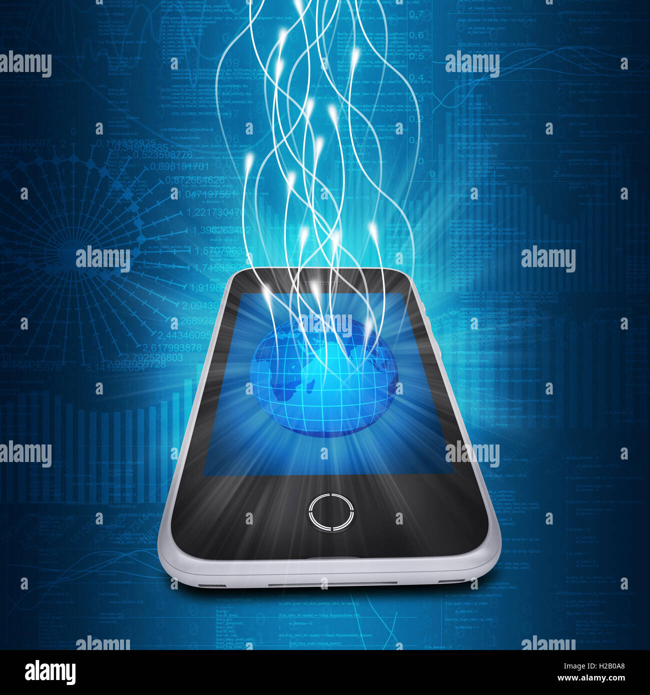 Smartphone, globe and glow rays Stock Photo - Alamy