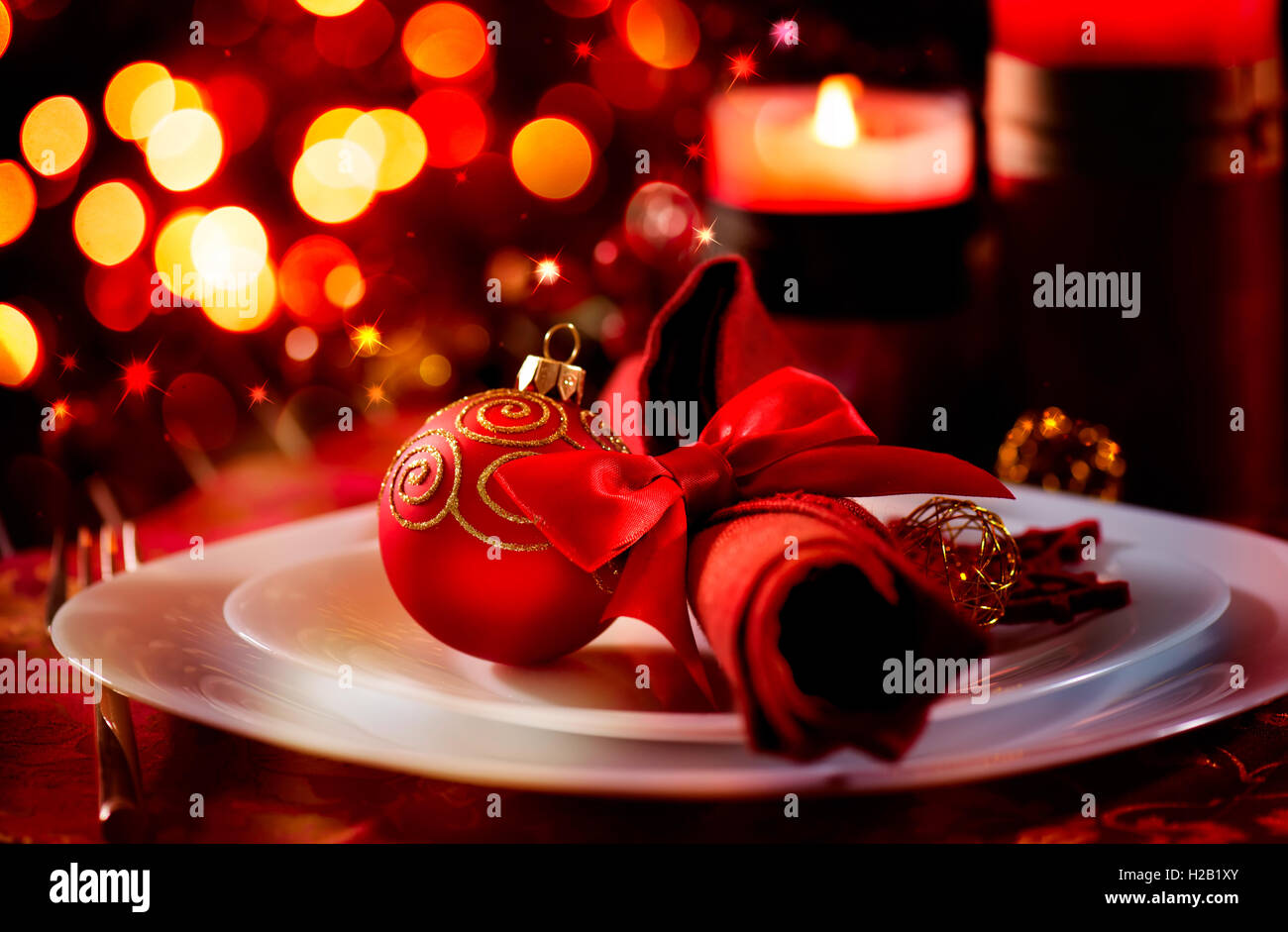 Christmas And New Year Holiday Table Setting. Celebration Stock Photo