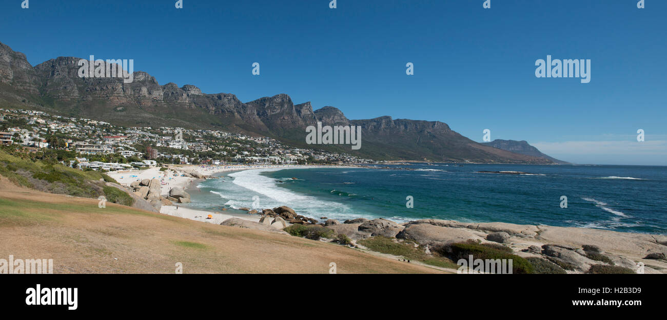 Camps Bay beach and Twelve Apostles mountain range panorama, Cape Town, Western Cape, South Africa Stock Photo